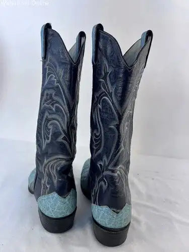 Larry Mahan Women 9.5 M Turquoise Embossed Leather Tall Cowboy Western Boots
